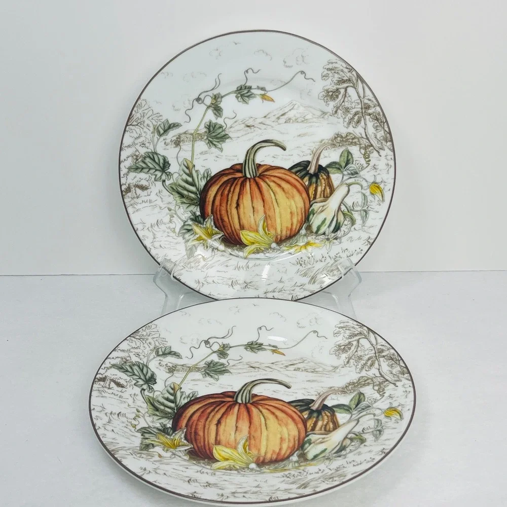 Williams Sonoma 2025 Pumpkin Salad Plates Set of 2 Harvest Gourd Toile 9 Inch